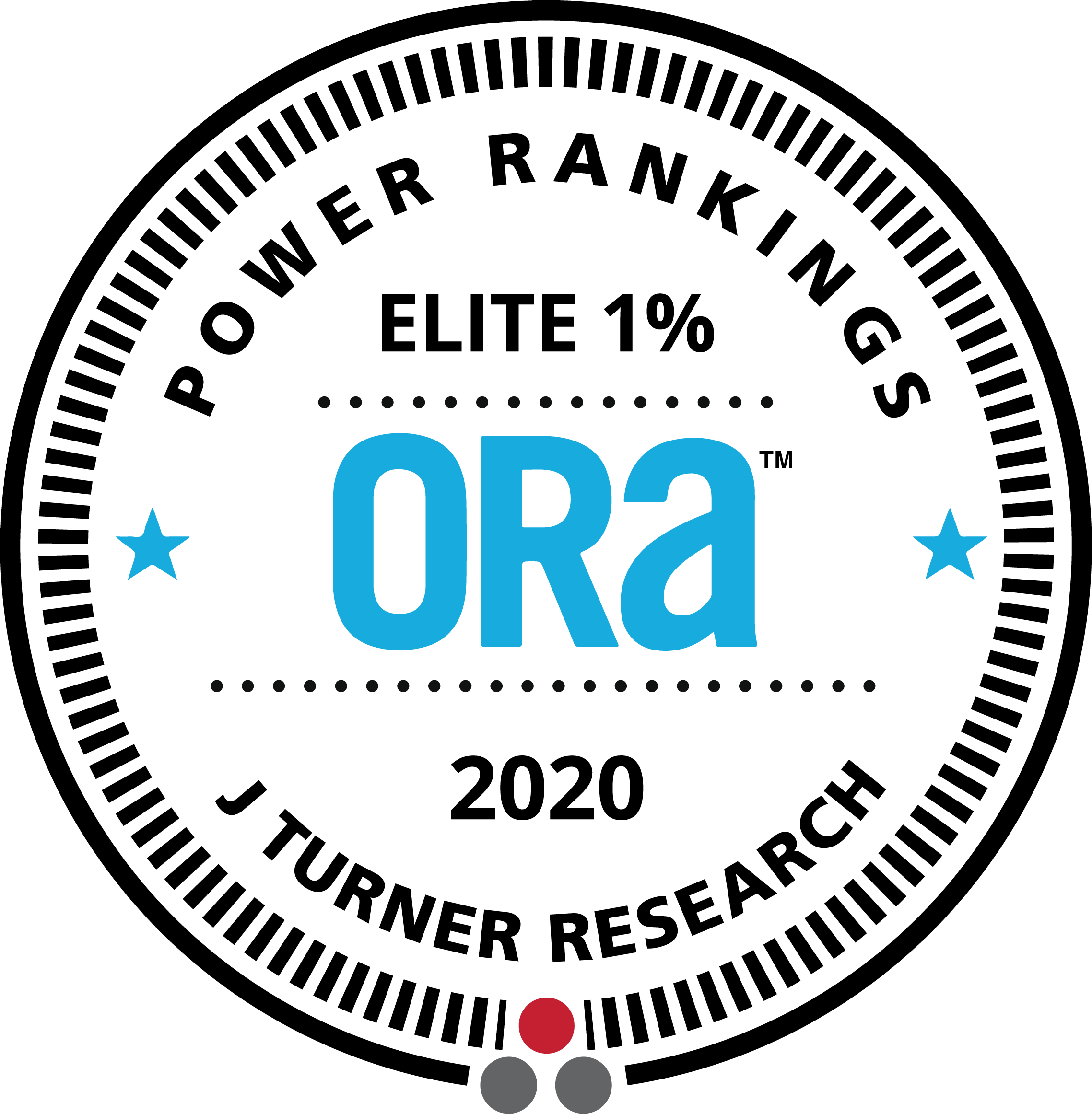 Logo for ORA: one percent elite power ranking. This property is in the top 100 nationwide by online reputation according to J Turner Research